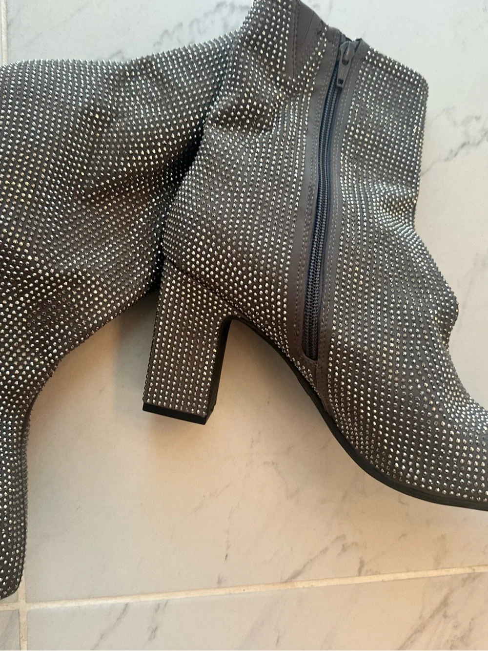 Embellished Pointed-Toe Ankle Boots in Black Fabric